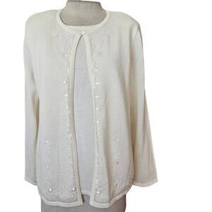 Cream Metallic Faux Cardigan Sweater with Sequin Detail Size Small